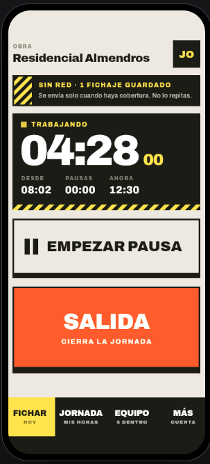 Pantalla de fichaje de Tajo con la jornada en marcha y aviso de sin red